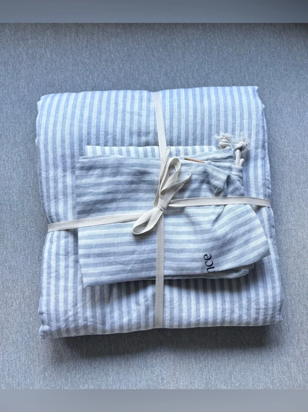 Quince European Linen Duvet Cover Set King / Cal King • Mist/White Stripe NWOT